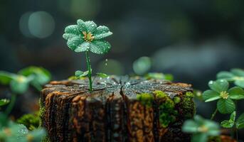A single green clover sprout grows from the center of a moss covered tree stump. photo