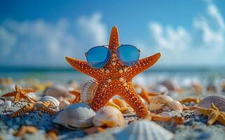 Starfish in sunglasses on the summer beach photo