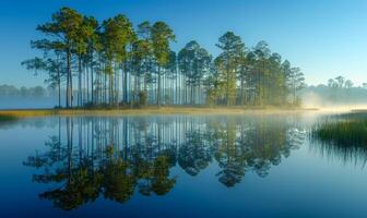 Pine trees and their reflection in lake on foggy morning photo