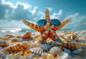 Starfish in sunglasses on the summer beach. Concept of summer vacations photo