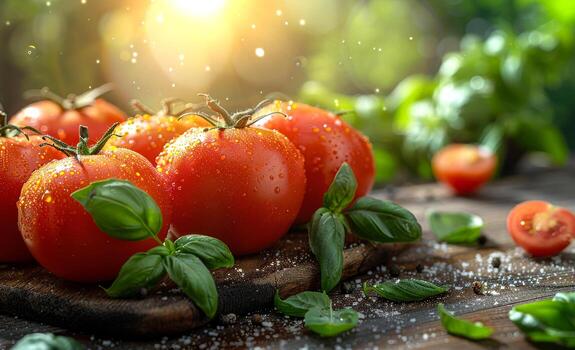 Fresco Tomates con albahaca hojas en de madera mesa foto