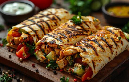 A la parrilla pollo envuelve con vegetales en de madera tablero foto