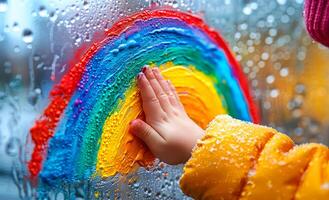 Child draws rainbow on the window photo