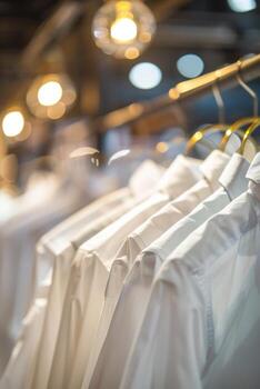 blanco camisas en perchas en Tienda foto