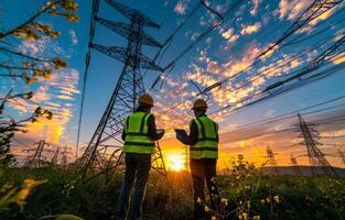 Two worker watching the power tower and substation with sunset background photo