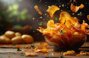 Potato chips falling into bowl. Crispy potato chips flying through the air against a rustic wooden background photo