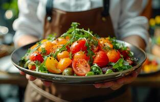 Chef holding plate of salad in his hands photo