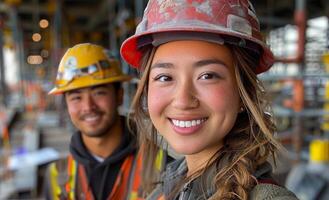 Young woman and man in construction hats photo