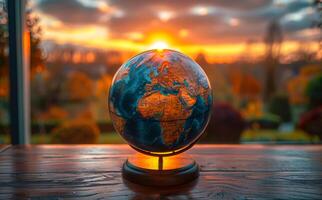 Globe of the world on wooden desk on beautiful sunset background photo