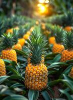 Pineapples on the field. A field of pineapple plants with large and tall leaves photo
