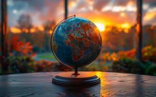 Globe of the world on the background of the window and the setting sun photo