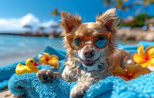 Chihuahua dog relaxing and resting dog at the beach. A photo of a happy chihuahua with sunglasses