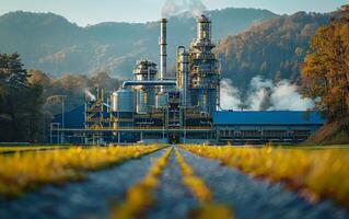 Large factory sits in the middle of field with mountains in the background. photo