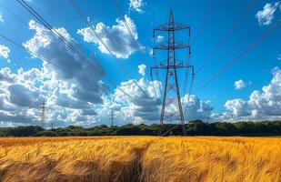 High voltage power lines and pylons in wheat field photo