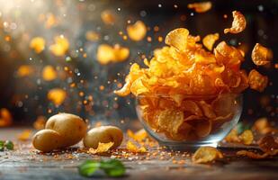 Potato chips and potato in glass bowl on dark background photo