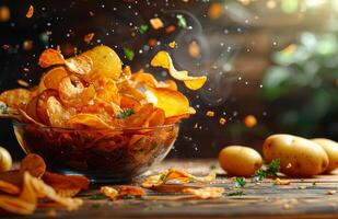 Potato chips falling into bowl with fresh vegetables smoke and sunlight photo