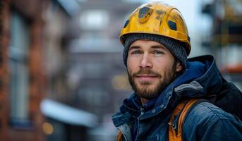 Portrait of handsome climber in yellow helmet and blue jacket photo