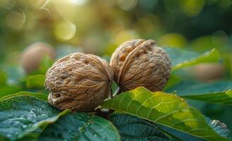 Walnuts on tree in the garden. A green walnut on the tree photo