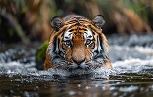 A Siberian tiger runs in the water right in front of the camera, with water splashing around it photo
