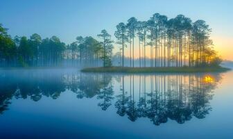 Pine trees and reflection in the lake at sunrise photo