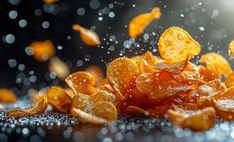 Potato chips with scattering of salt on dark background photo