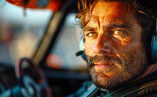 Man sits in car wearing headset and serious expression photo