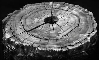 Cross section of tree trunk. Stump of tree with rings on black background photo
