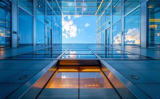Modern glass elevator and blue sky with clouds view from the inside bottom view photo