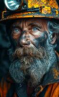 Portrait of bearded dirty coal miner with helmet on his head after working in the mine photo