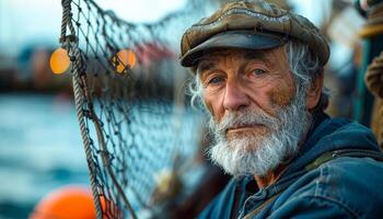 Old fisherman with white beard and cap sitting in the boat and looking at the camera photo