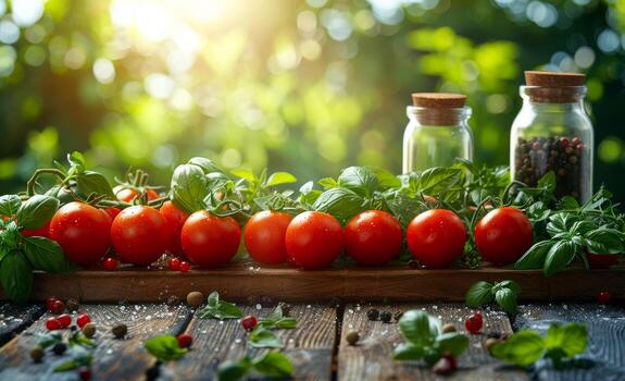 Fresco Tomates y albahaca en de madera mesa foto