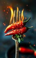 Two chili peppers on fork. A fork with red chili pepper on it photo
