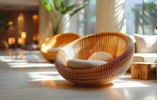 Wooden basket and white pillow on wooden floor in room with large window and plant photo