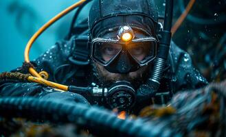 Scuba diver is underwater and looking at the camera. He is wearing full diving gear and head torch. photo
