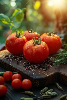 Fresco Tomates y hierbas en de madera mesa foto