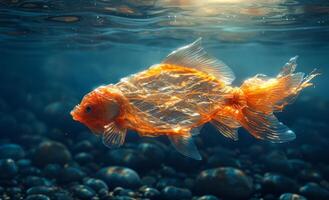 A plastic bag in the shape of a fish floats in the ocean. Environmental pollution photo