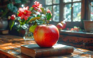 Red apple and books on wooden table. photo