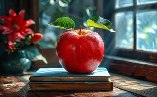 Red apple and books on wooden table in front of window photo