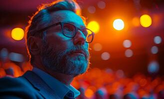 Close-up portrait of bearded man in eyeglasses watching the theater photo