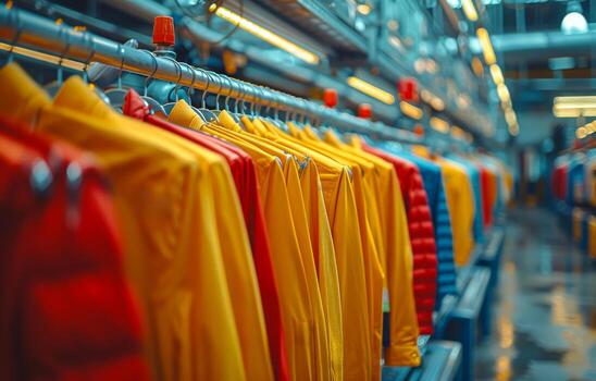 vistoso camisetas colgando en perchas en fila en percha en Tienda foto