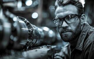 Portrait of handsome engineer in protective glasses and work clothes is in the workshop at the industrial machine photo