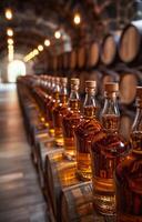 Barrels and bottles of whiskey in distillery photo