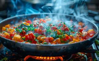 Vegetables are fried in frying pan on open fire photo