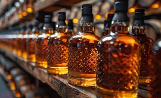Rows of whiskey bottles on shelf in distillery photo