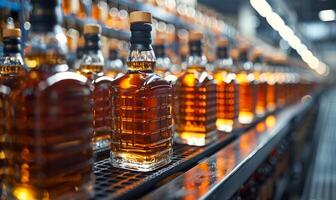 Rows of bottles filled with whiskey are seen at distillery. photo
