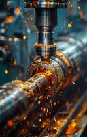 The CNC milling machine cutting the pipe thread with the sparking light. photo