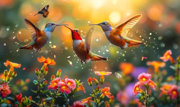 Tres hermosa pequeño colibríes mosca terminado el hermosa flores foto