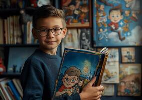 Boy stands in room full of books and holds book in his hands. photo