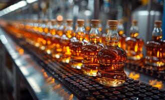 Rows of bottles filled with whiskey are seen at distillery. photo