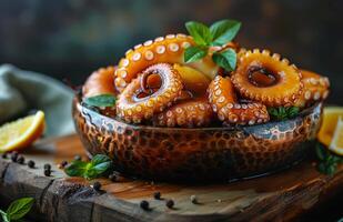 Marinated octopus tentacles cooked with herbs in rustic bowl photo